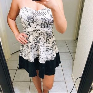 Strapless patterned black and white dress